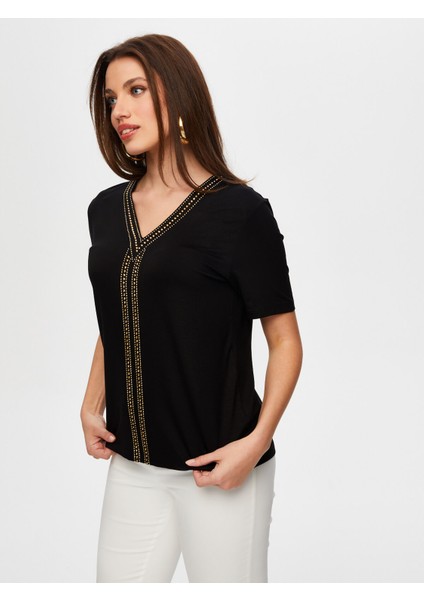 Gold Trok Taş Detaylı V Yaka Kısa Kol T-Shirt S25TSH069 modelleri