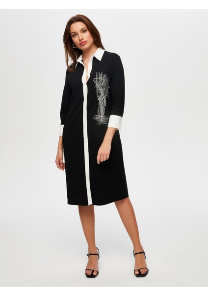 Nakış Detaylı Re Bloklu Uzun Kollu Örme Elbise S25ELB003