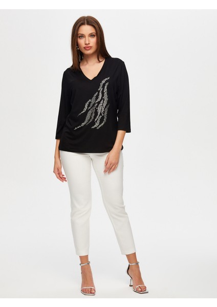 Önü Trok Taş Detaylı 3/4 Kol V Yaka T-Shirt S25TSH068