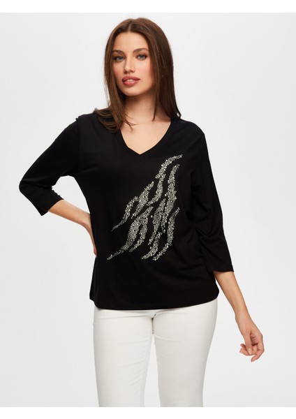 Önü Trok Taş Detaylı 3/4 Kol V Yaka T-Shirt S25TSH068 fiyatları