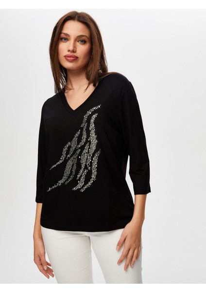 Önü Trok Taş Detaylı 3/4 Kol V Yaka T-Shirt S25TSH068 modelleri