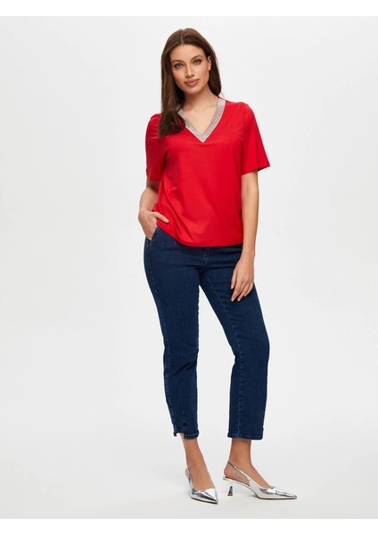 Zincir Şertili V Yaka Kısa Kol T-Shirt S25TSH064
