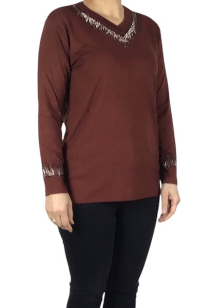 Kadın Yaka ve Kolağzı Taşlı Likralı Penye Bluz