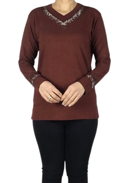 Kadın Yaka ve Kolağzı Taşlı Likralı Penye Bluz fiyatları