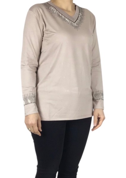 Kadın Yaka ve Kolağzı Taşlı Likralı Penye Bluz