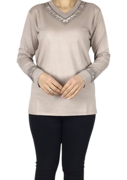 Kadın Yaka ve Kolağzı Taşlı Likralı Penye Bluz fiyatları