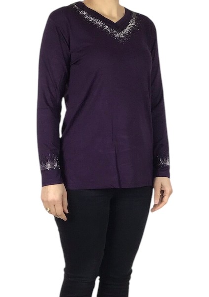 Kadın Yaka ve Kolağzı Taşlı Likralı Penye Bluz