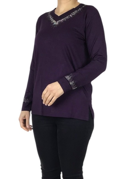 Kadın Yaka ve Kolağzı Taşlı Likralı Penye Bluz fiyatları