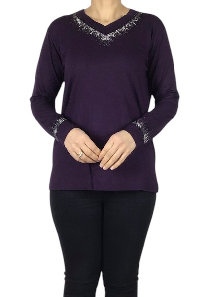 Kadın Yaka ve Kolağzı Taşlı Likralı Penye Bluz