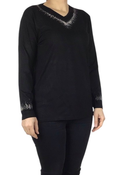 Kadın Yaka ve Kolağzı Taşlı Likralı Penye Bluz fiyatları