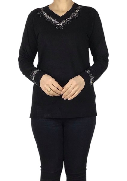 Kadın Yaka ve Kolağzı Taşlı Likralı Penye Bluz modelleri