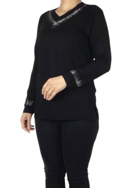 Kadın Yaka ve Kolağzı Taşlı Likralı Penye Bluz fırsatları