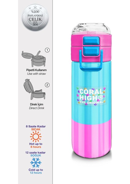 Kids Renkli Çizgili Desenli Pipetli ve Direkt Içim Çelik Termos 500 ml 31987