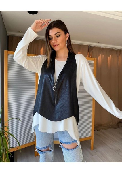 Kadın Bisiklet Yaka Uzun Kollu Viskon Bluz ve Fermuarlı Deri Yelek Ikili Takım modelleri