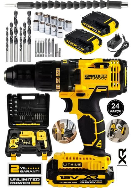 Kimmer Plus 12V 1.5 Ah Metal Şanzıman Çift Akülü Şarjlı Darbeli 24 Parça Akülü Vidalama Matkap