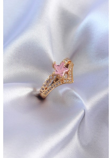 Gold Renk Pembe Zirkon Taş Yıldız Model Pirinç Kadın Yüzük - TJ-BYK2626