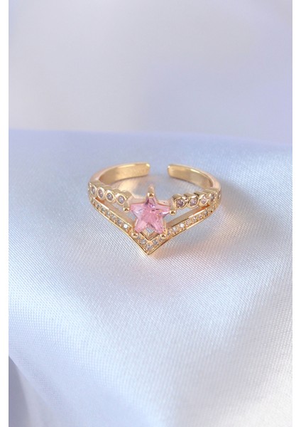 Gold Renk Pembe Zirkon Taş Yıldız Model Pirinç Kadın Yüzük - TJ-BYK2626 fiyatları
