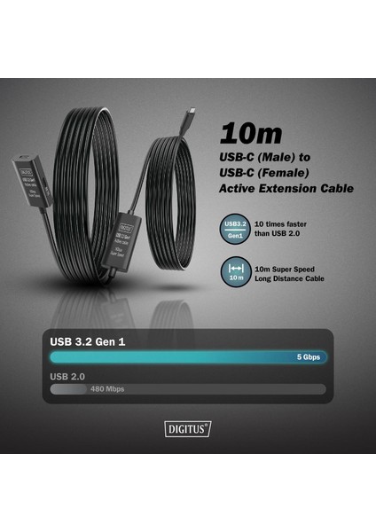 Dıgıtus Aktif USB 3.2 Gen1 5g Uzatma Kablosu, Usb-C - Usb-C, 10METRE