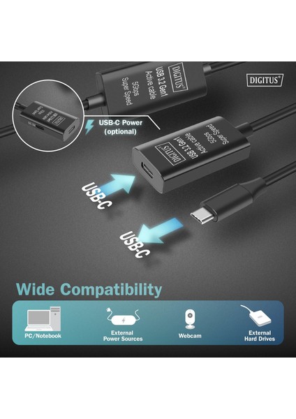 Dıgıtus Aktif USB 3.2 Gen1 5g Uzatma Kablosu, Usb-C - Usb-C, 10METRE