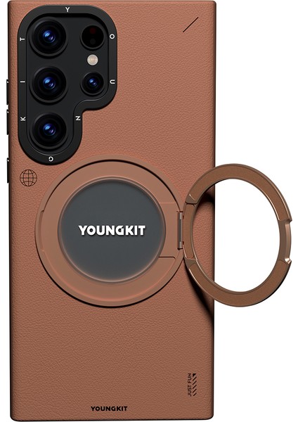 Galaxy S23 Ultra Kılıf Magsafe Uyumlu 360 Standlı Mat Deri Youngkit Tech Leather Kapak Kahverengi