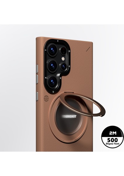 Galaxy S23 Ultra Kılıf Magsafe Uyumlu 360 Standlı Mat Deri Youngkit Tech Leather Kapak Kahverengi fiyatları