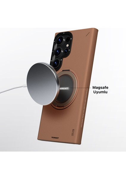 Galaxy S23 Ultra Kılıf Magsafe Uyumlu 360 Standlı Mat Deri Youngkit Tech Leather Kapak Kahverengi modelleri