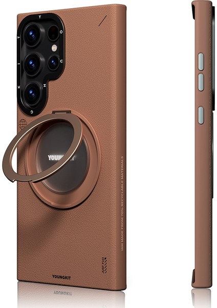Galaxy S23 Ultra Kılıf Magsafe Uyumlu 360 Standlı Mat Deri Youngkit Tech Leather Kapak Kahverengi indirimleri