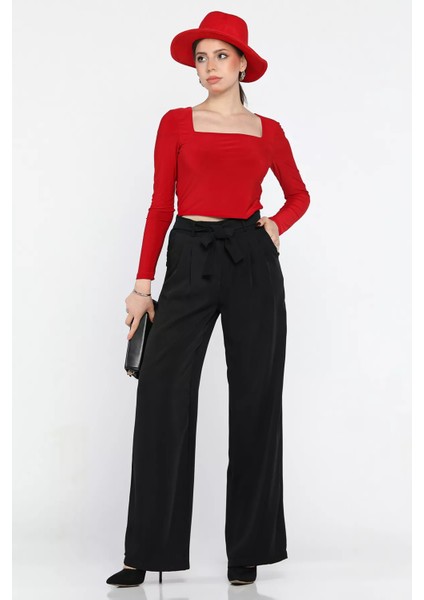 Kadın Yüksek Bel Pileli Kuşaklı Palazzo Pantolon