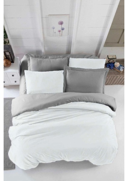 Çift Kişilik Lastikli Çarşaflı Nevresim Takımı Pamuklu Four Season Beyaz Gri