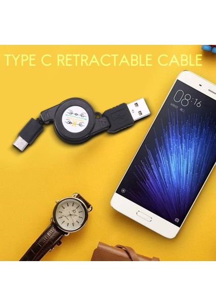 USB Type C USB 3.1 Geri Çekilebilir Kablo Şarj Cihazı Şarj Type-C Usb-C Kablosu Siyah (Yurt Dışından)