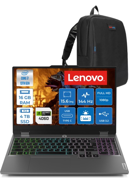 Loq 15IRX9 Intel Core I7 13650HX 16GB Ddr5 4tb SSD RTX4060 8gb 115W 15.6" Fullhd 144HZ 300NITS IPS Freedos Taşınabilir Bilgisayar 83DV011HTRF04 + Zetta Çanta