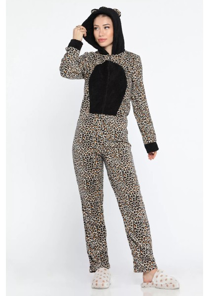 Kadın Leopar Desen Polar Pijama Tulum