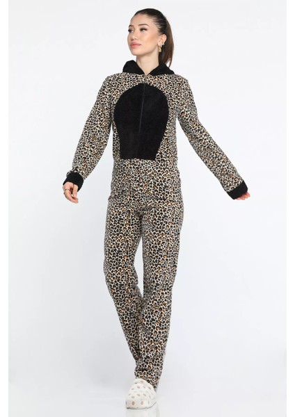 Kadın Leopar Desen Polar Pijama Tulum