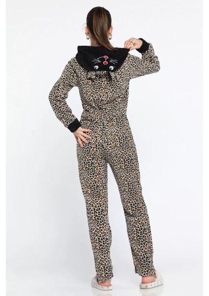 Kadın Leopar Desen Polar Pijama Tulum