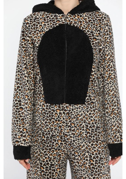 Kadın Leopar Desen Polar Pijama Tulum