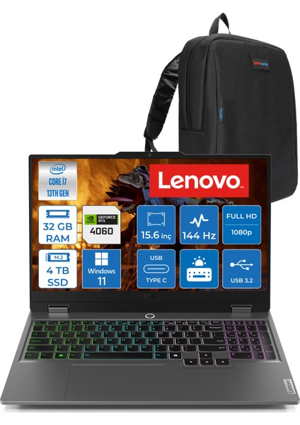 Loq 15IRX9 Intel Core I7 13650HX 32GB Ddr5 4tb SSD RTX4060 8gb 115W 15.6" Fullhd 144HZ 300NITS IPS Windows 11 Home Taşınabilir Bilgisayar 83DV011HTRH12 + Zetta Çanta