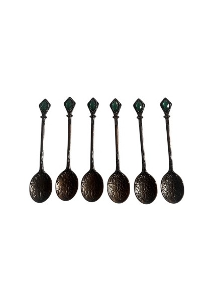 Vintage 6'lı Bakır Görünümlü Döküm Çay Kahve Reçel Baharat Yeşil Taşlı Sunum Kaşığı fiyatları
