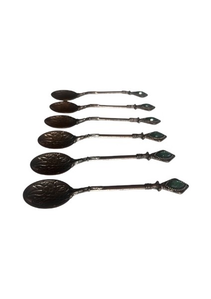 Vintage 6'lı Bakır Görünümlü Döküm Çay Kahve Reçel Baharat Yeşil Taşlı Sunum Kaşığı indirimleri