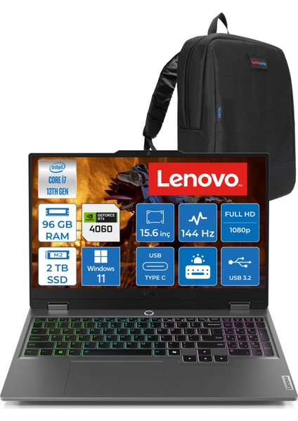 Loq 15IRX9 Intel Core I7 13650HX 96GB Ddr5 2tb SSD RTX4060 8gb 115W 15.6" Fullhd 144HZ 300NITS IPS Windows 11 Home Taşınabilir Bilgisayar 83DV011HTRH27 + Zetta Çanta