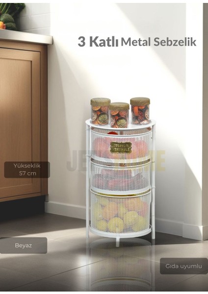 3 Katlı Sebzelik Açılır Metal Patates Soğan Sepeti Paslanmaz Meyvelik Organizer Sepet Beyaz
