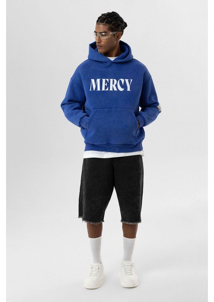 Kart Detaylı Yıkamalı Oversize Sweatshirt Saks