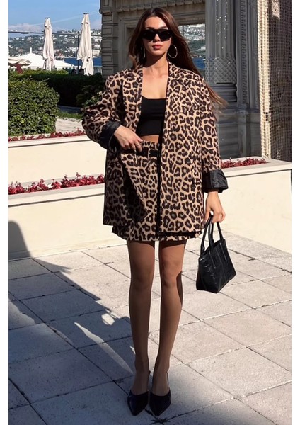 Kadın Leopar Desen Oversize Astarlı Blazer Ceket