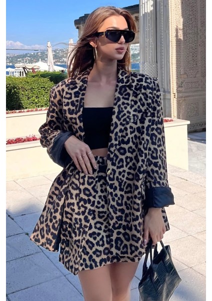 Kadın Leopar Desen Oversize Astarlı Blazer Ceket