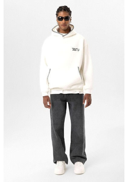Yazı Detaylı Kapüşonlu Oversize Swaetshırt Ekru