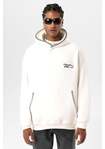 Yazı Detaylı Kapüşonlu Oversize Swaetshırt Ekru modelleri