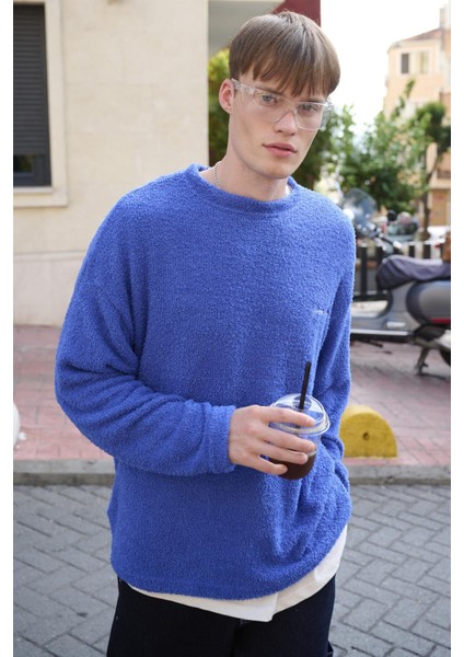 Bisiklet Yaka Oversize Peluş Sweatshirt Saks