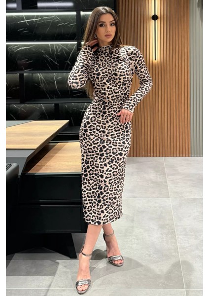 Omuz ve Bel Drapeli Leopar Desenli Kadın Elbise