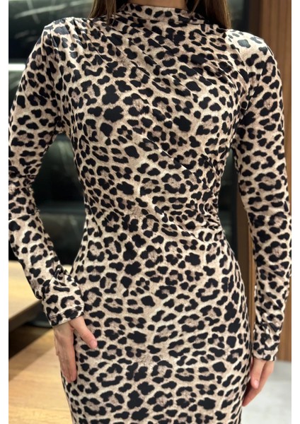 Omuz ve Bel Drapeli Leopar Desenli Kadın Elbise