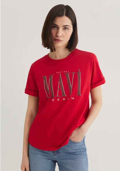 Mavi Logo Baskılı Kırmızı Tişört 1611990-70463