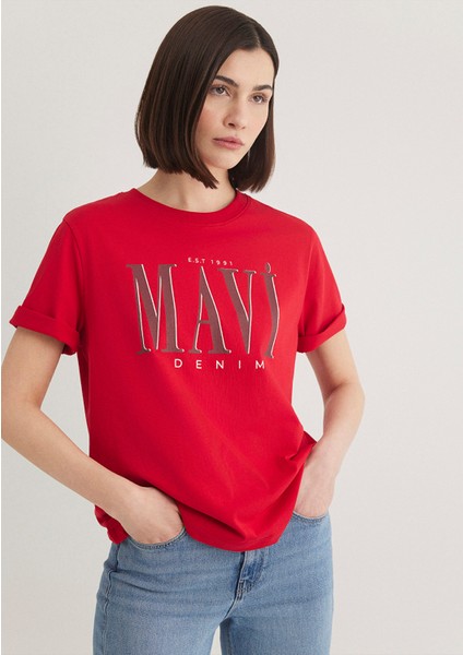 Mavi Logo Baskılı Kırmızı Tişört 1611990-70463